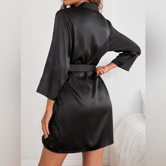 Open Front Belted Satin Night Robe - Picture 2 of 3